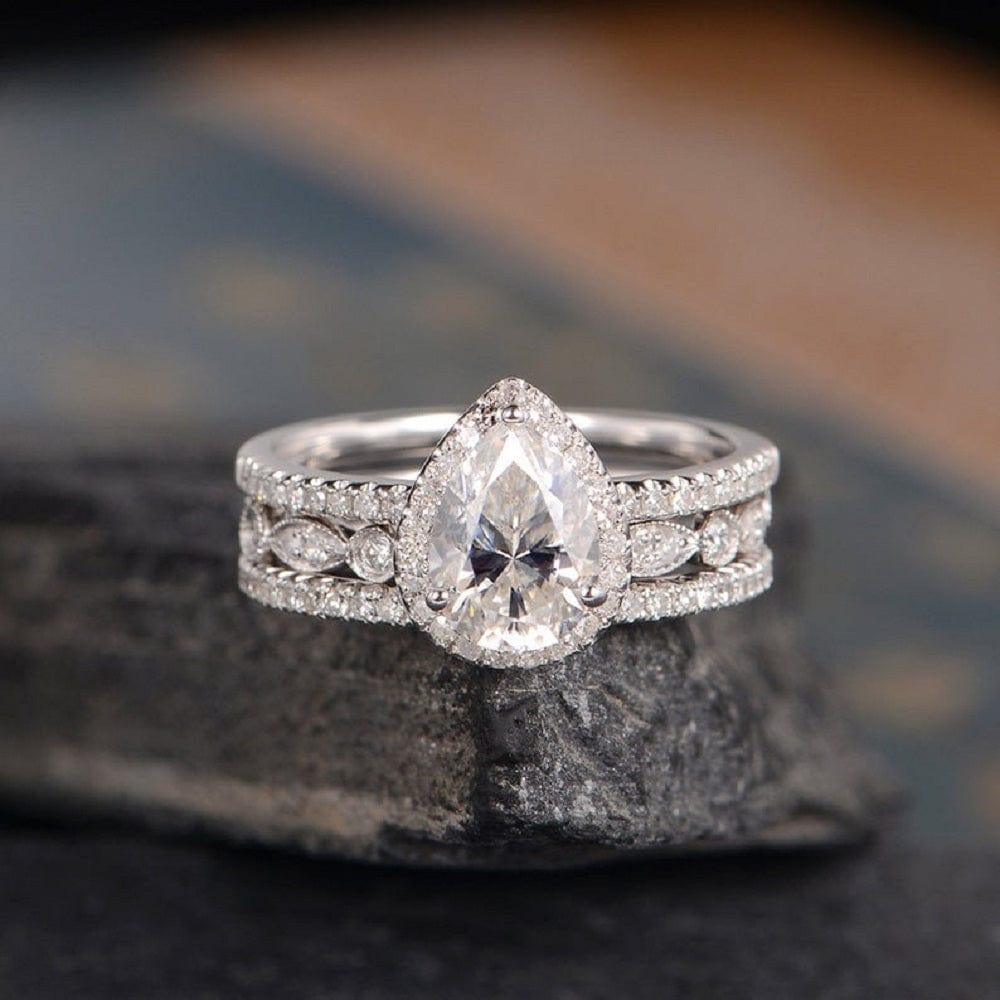 1.00CT PEAR CUT WHITE GOLD BRIDAL SET DIAMOND HALO ANTIQUE MOISSANITE ENGAGEMENT RING