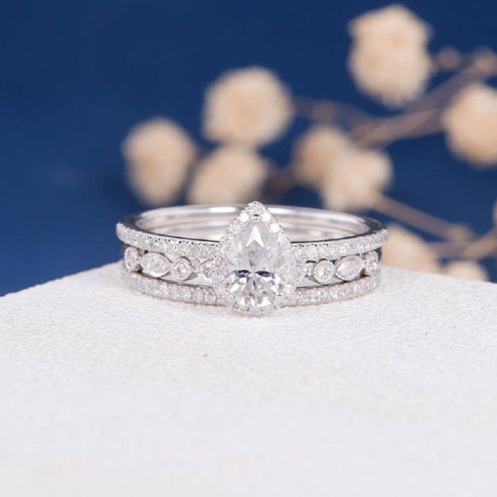 1.00CT PEAR CUT WHITE GOLD HALO MOISSANITE ENGAGEMENT RING 3PCS WEDDING BRIDAL SET