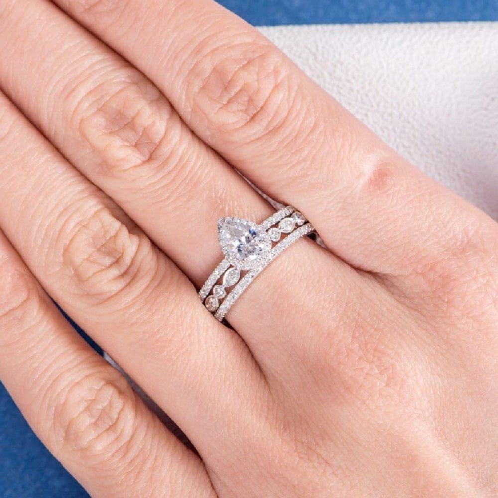 1.00CT PEAR CUT WHITE GOLD HALO MOISSANITE ENGAGEMENT RING 3PCS WEDDING BRIDAL SET