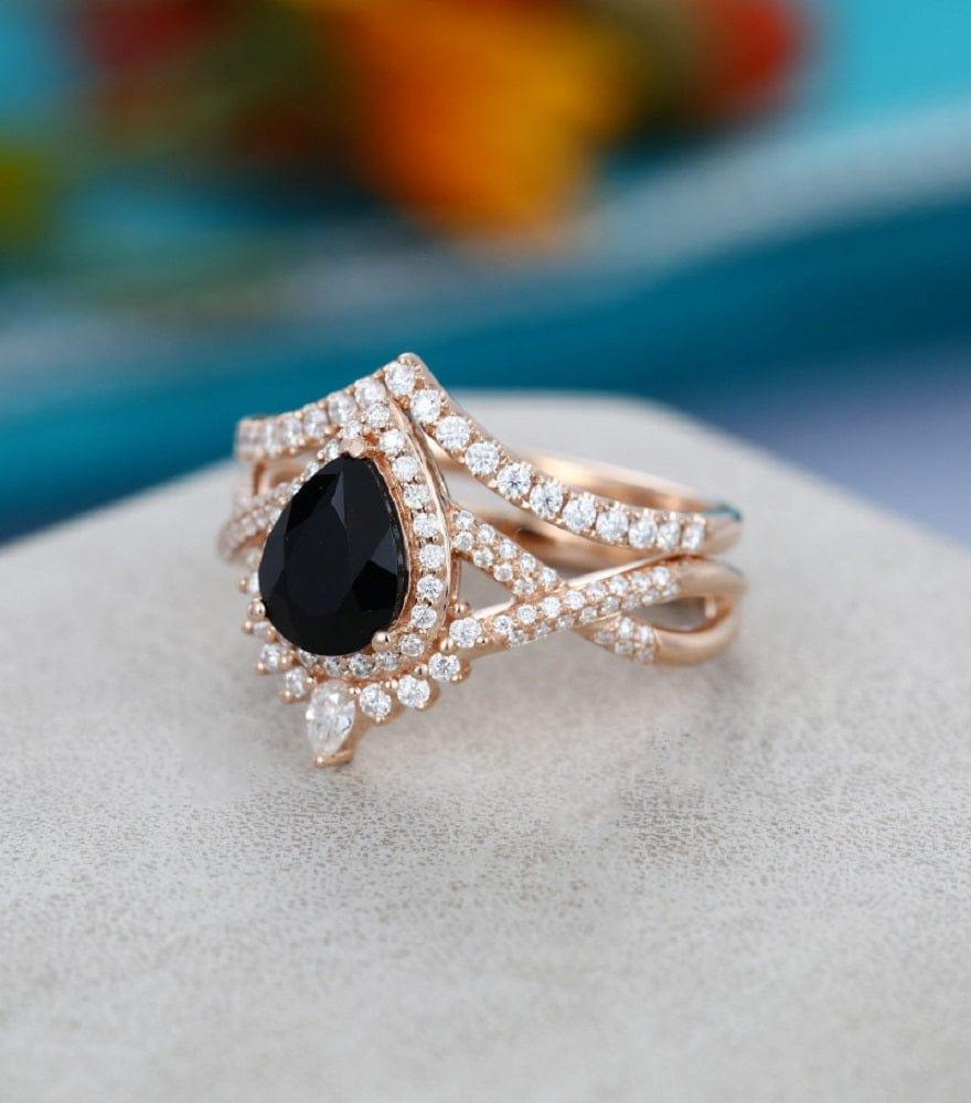 1.00CT PEAR SHAPED UNIQUE ROSE GOLD CURVED BAND BLACK MOISSANITE ENGAGEMENT RING