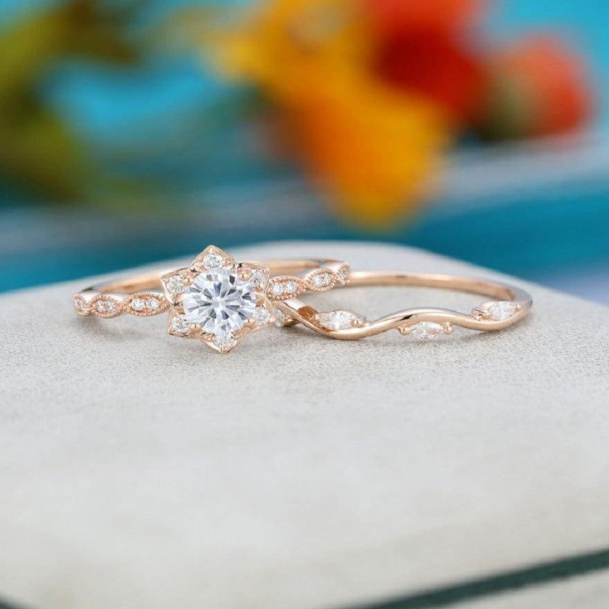 1.00CT ROUND CUT FLOWER ROSE GOLD VINTAGE ETERNITY MARQUISE WEDDING BRIDAL MOISSANITE ENGAGEMENT RING SET