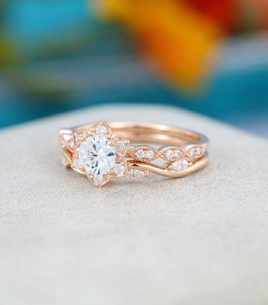 1.00CT ROUND CUT FLOWER ROSE GOLD VINTAGE ETERNITY MARQUISE WEDDING BRIDAL MOISSANITE ENGAGEMENT RING SET