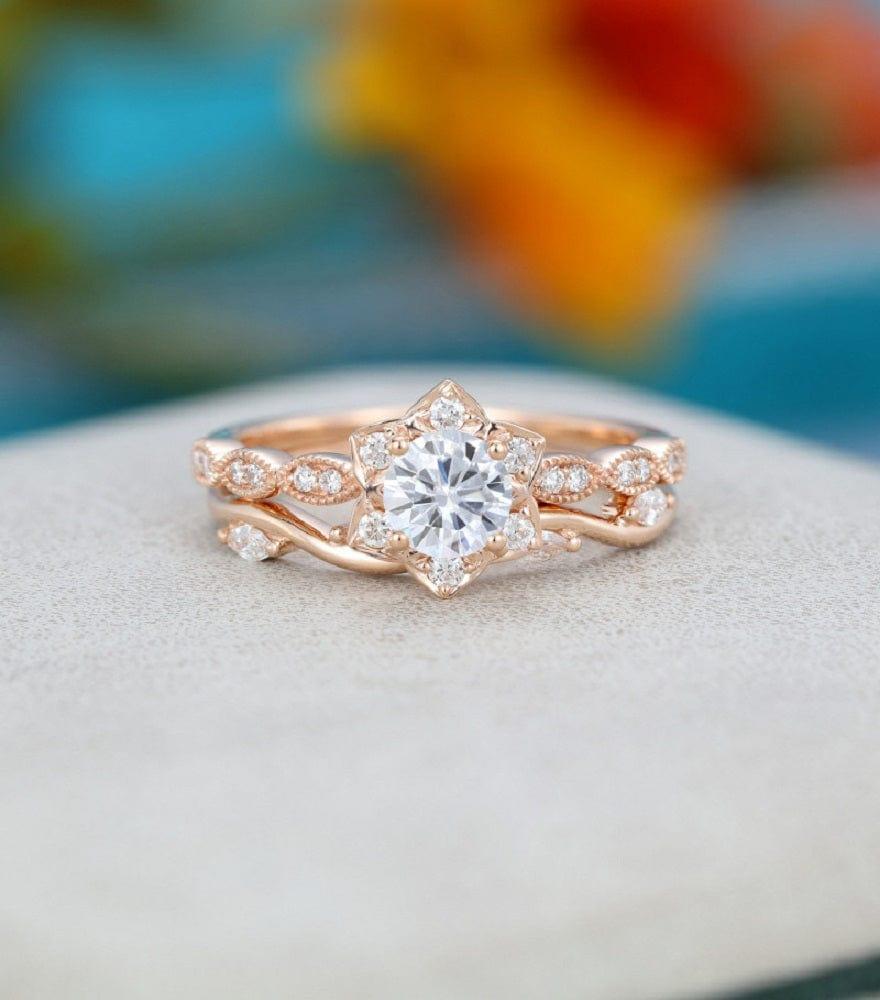 1.00CT ROUND CUT FLOWER ROSE GOLD VINTAGE ETERNITY MARQUISE WEDDING BRIDAL MOISSANITE ENGAGEMENT RING SET