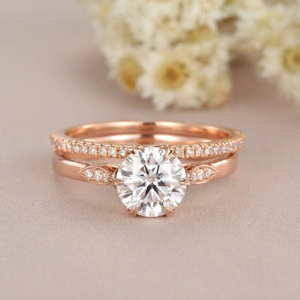 1.00CT ROUND CUT ROSE GOLD BRIDAL MOISSANITE ENGAGEMENT RING STACKING BAND