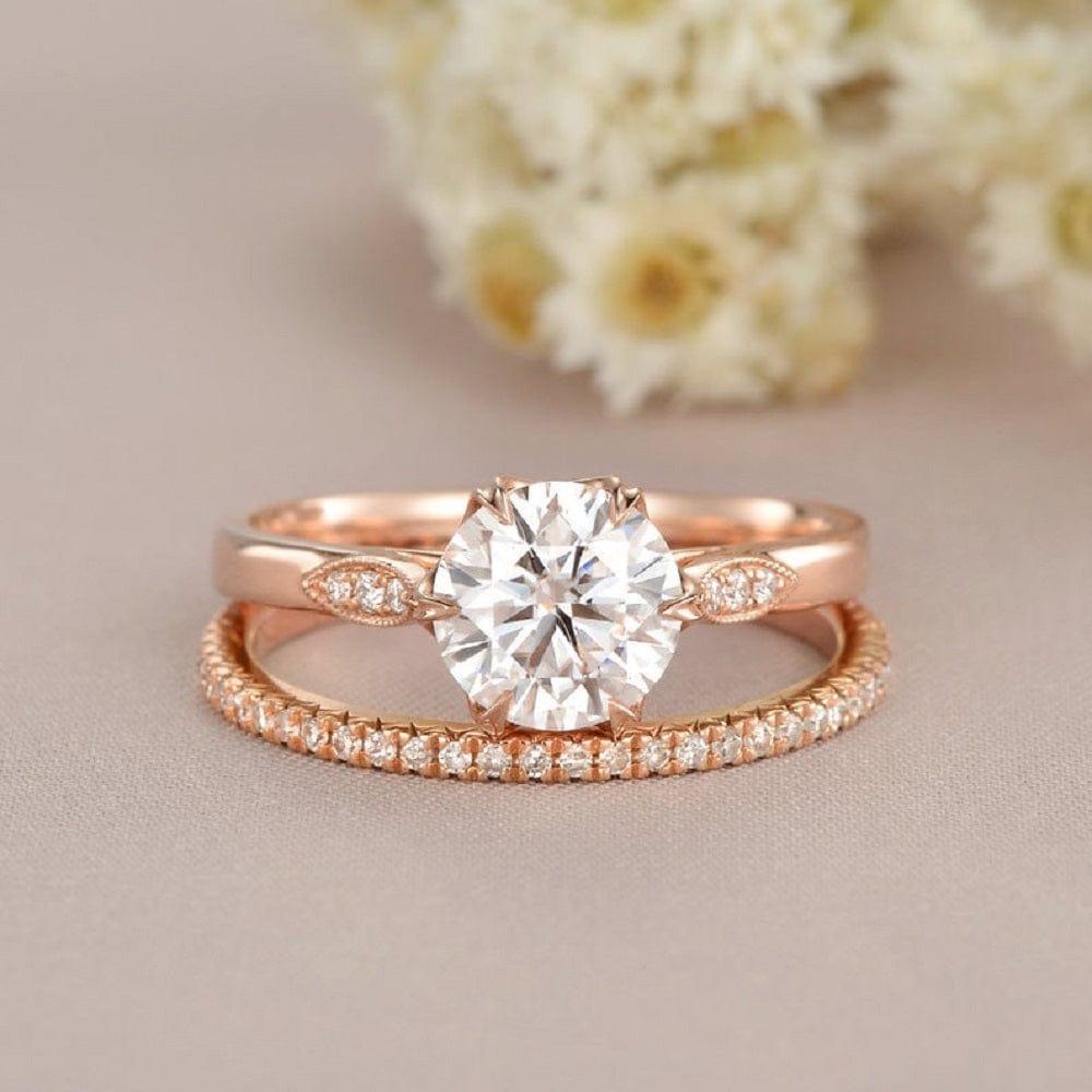 1.00CT ROUND CUT ROSE GOLD BRIDAL MOISSANITE ENGAGEMENT RING STACKING BAND