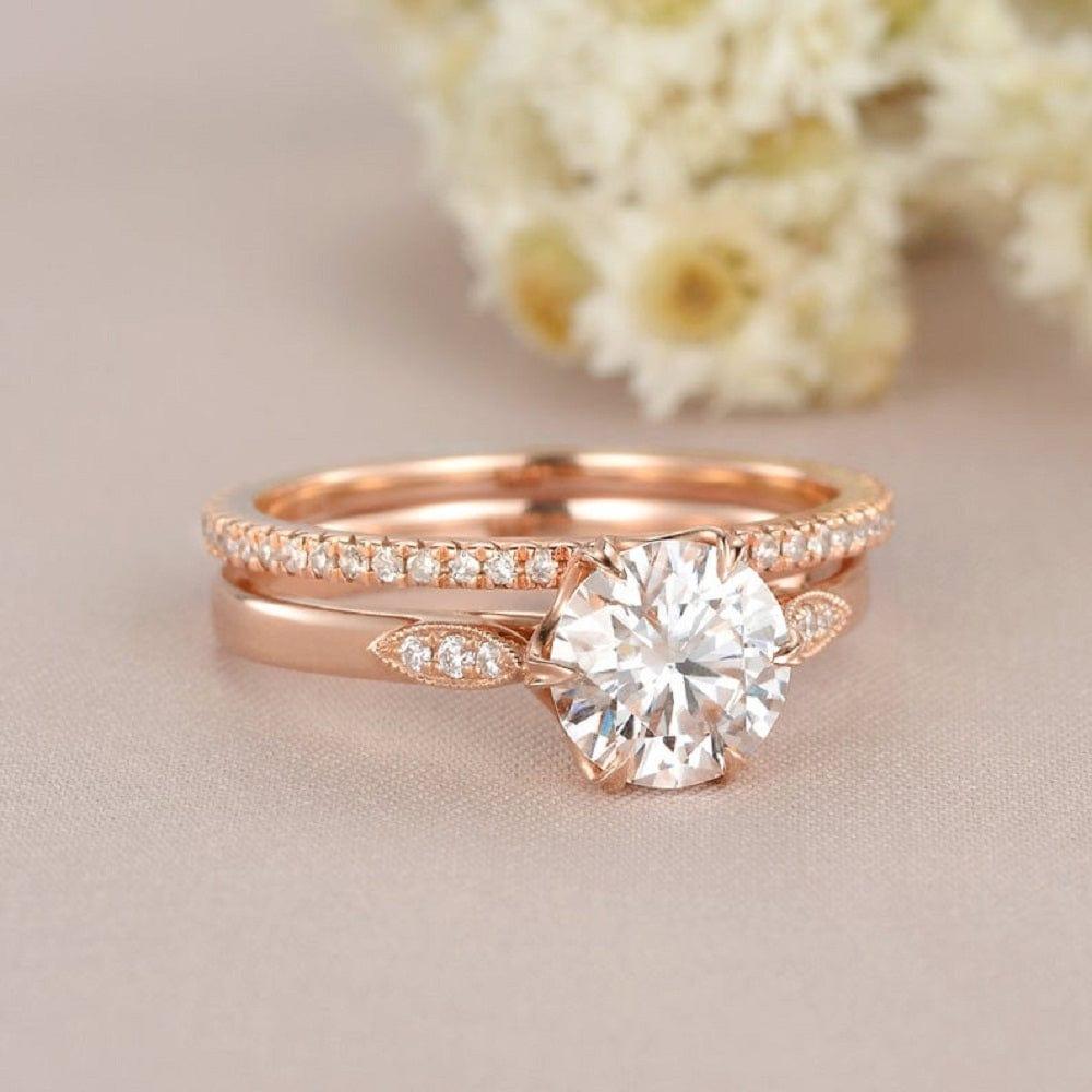 1.00CT ROUND CUT ROSE GOLD BRIDAL MOISSANITE ENGAGEMENT RING STACKING BAND