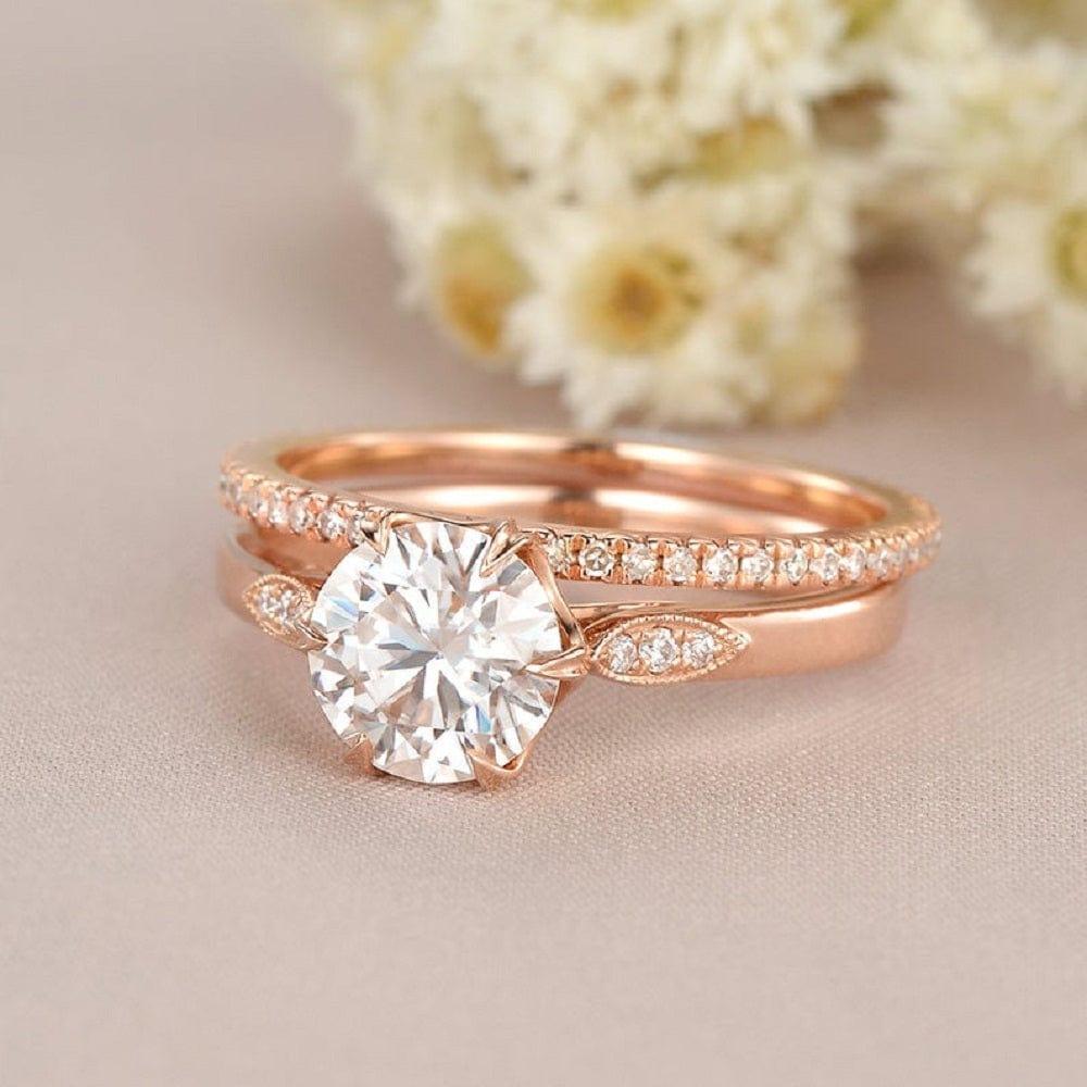 1.00CT ROUND CUT ROSE GOLD BRIDAL MOISSANITE ENGAGEMENT RING STACKING BAND