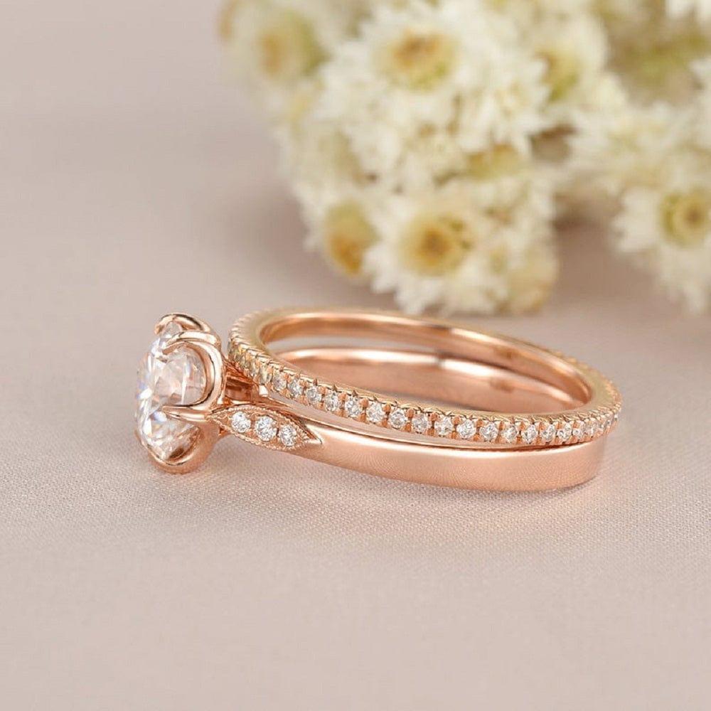 1.00CT ROUND CUT ROSE GOLD BRIDAL MOISSANITE ENGAGEMENT RING STACKING BAND