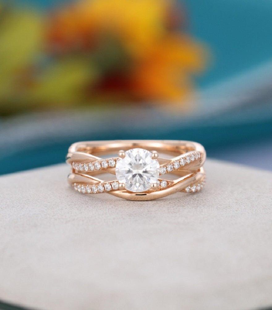 1.00CT ROUND CUT ROSE GOLD HALF ETERNITY TWISTED WEDDING MOISSANITE ENGAGEMENT RING SET