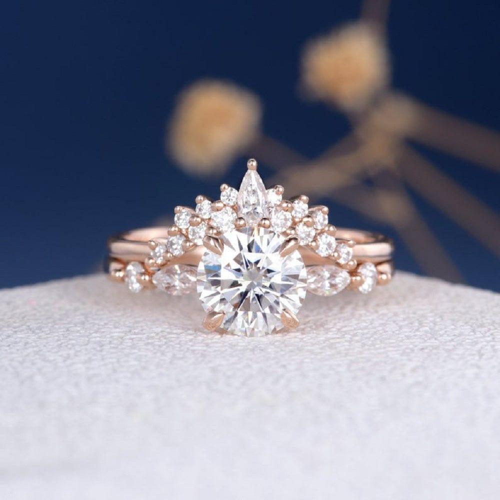 1.00CT ROUND CUT ROSE GOLD MOISSANITE ANNIVERSARY 2PCS PROMISE BRIDAL RING SET