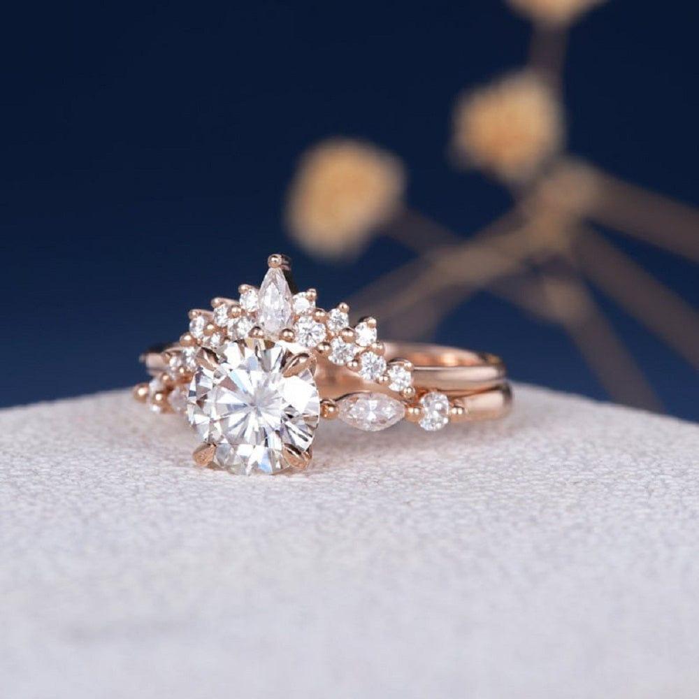 1.00CT ROUND CUT ROSE GOLD MOISSANITE ANNIVERSARY 2PCS PROMISE BRIDAL RING SET