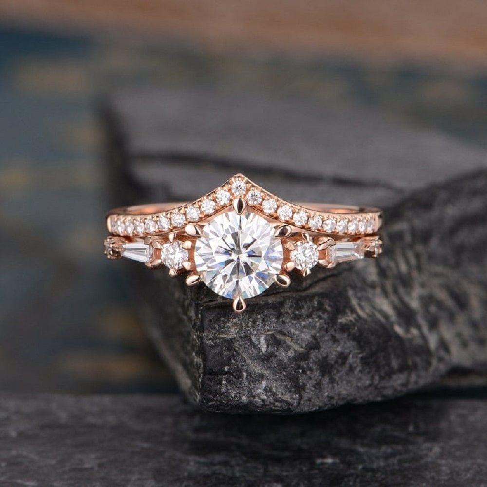 1.0CT ANTIQUE ROSE GOLD BAGUETTE CUT SIDE STONE MOISSANITE ENGAGEMENT RING CURVED SHAPED MATCHING BAND