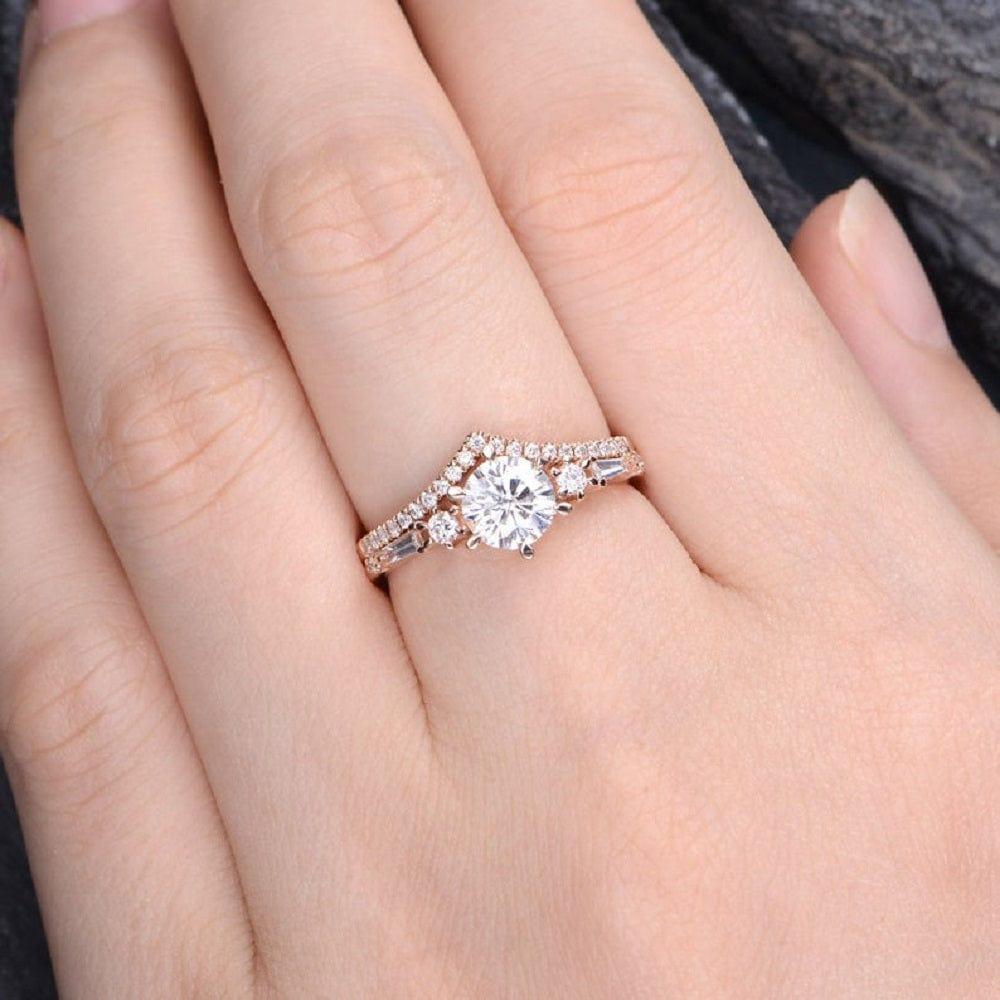 1.0CT ANTIQUE ROSE GOLD BAGUETTE CUT SIDE STONE MOISSANITE ENGAGEMENT RING CURVED SHAPED MATCHING BAND