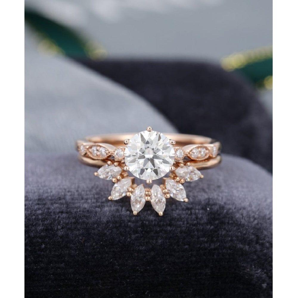 1.30CT ROUND CUT ART DECO VINTAGE CURVED MOISSANITE ENGAGEMENT RING SET