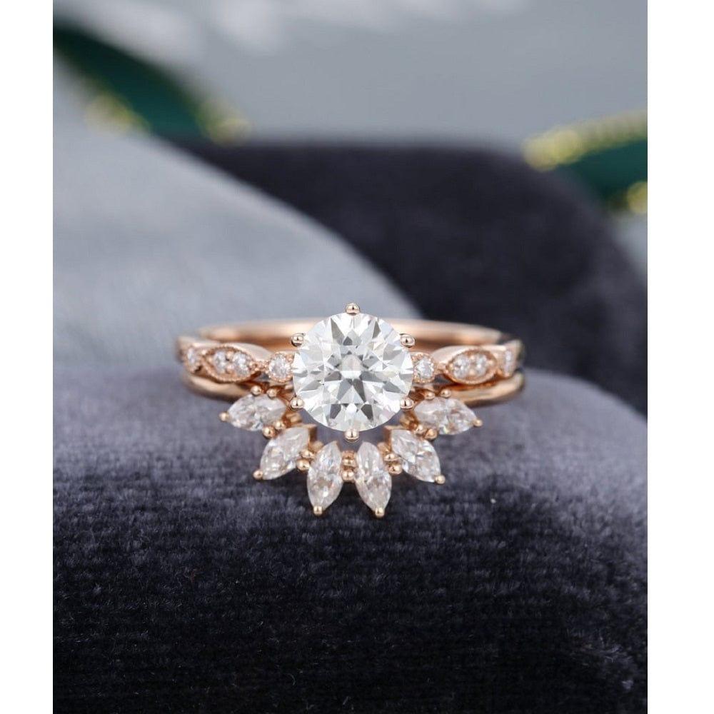 1.30CT ROUND CUT ART DECO VINTAGE CURVED MOISSANITE ENGAGEMENT RING SET