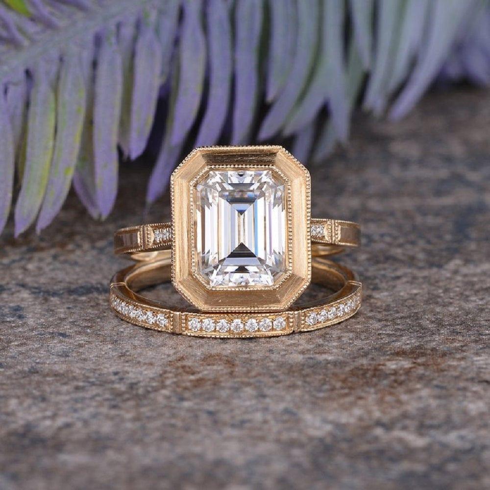 1.50CT EMERALD CUT YELLOW GOLD BRIDAL SET HALF ETERNITY BEZEL MOISSANITE ENGAGEMENT RING