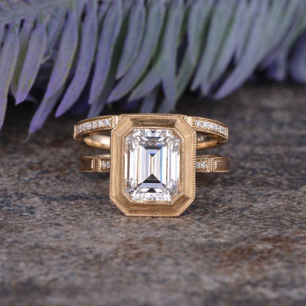 1.50CT EMERALD CUT YELLOW GOLD BRIDAL SET HALF ETERNITY BEZEL MOISSANITE ENGAGEMENT RING