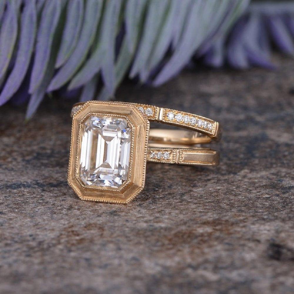 1.50CT EMERALD CUT YELLOW GOLD BRIDAL SET HALF ETERNITY BEZEL MOISSANITE ENGAGEMENT RING