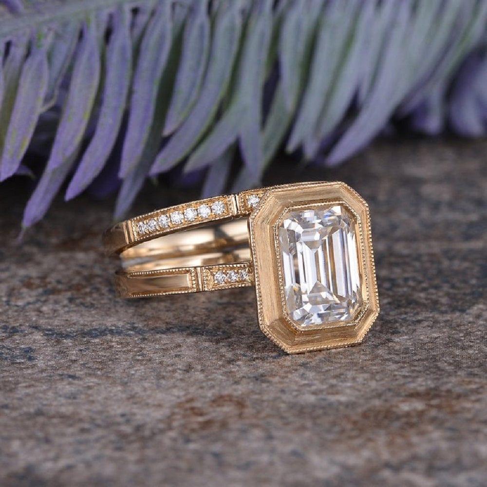 1.50CT EMERALD CUT YELLOW GOLD BRIDAL SET HALF ETERNITY BEZEL MOISSANITE ENGAGEMENT RING