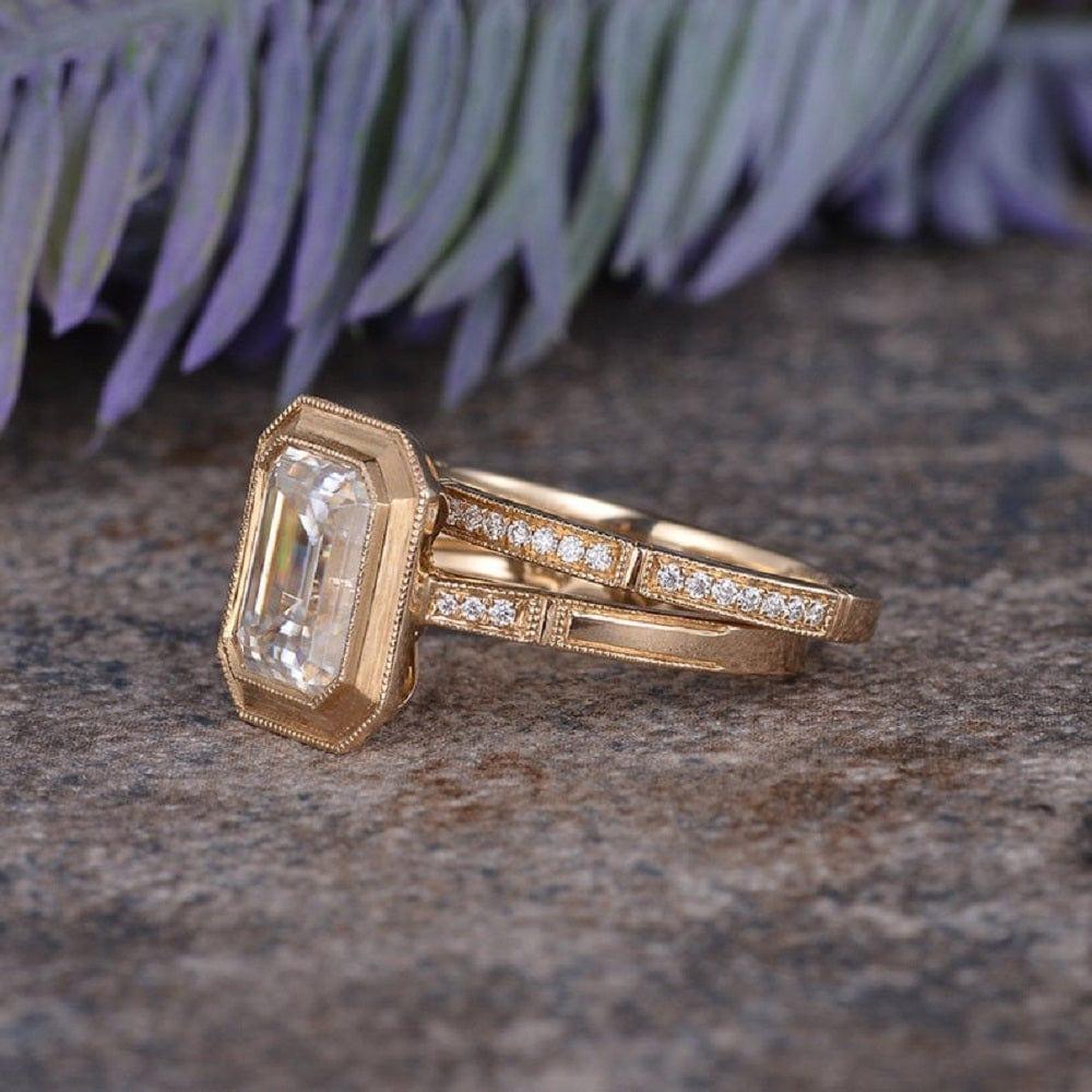 1.50CT EMERALD CUT YELLOW GOLD BRIDAL SET HALF ETERNITY BEZEL MOISSANITE ENGAGEMENT RING