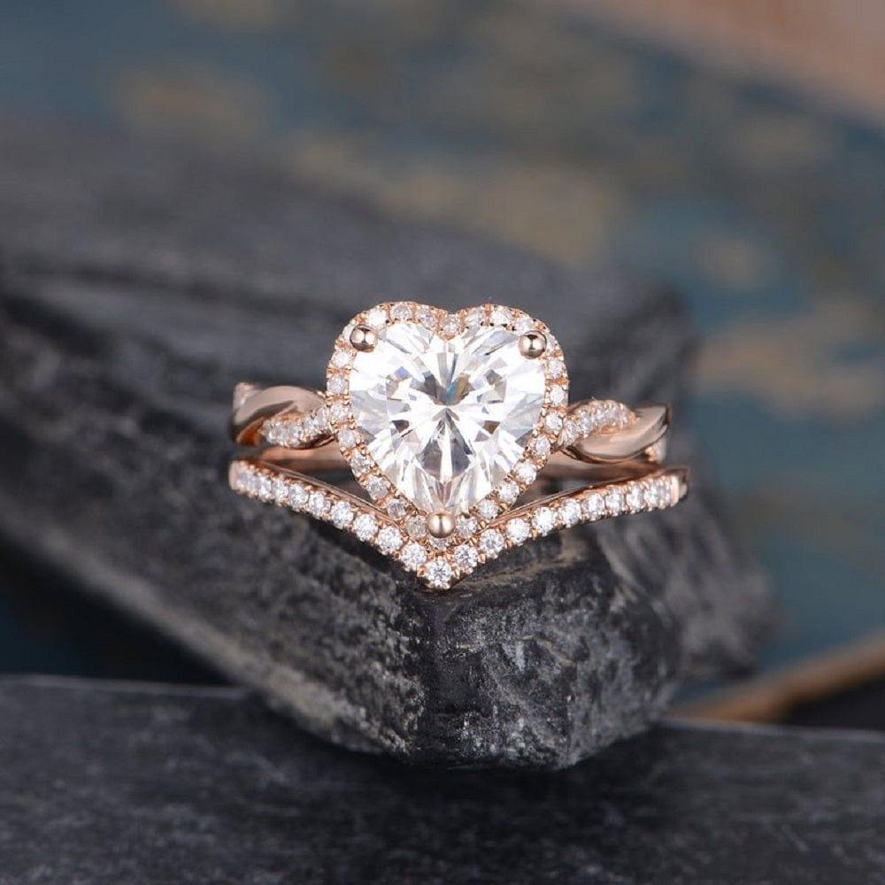 1.50CT HEART CUT ROSE GOLD HALO DIAMOND INFINITY WEDDING MOISSANITE ENGAGEMENT RING SET