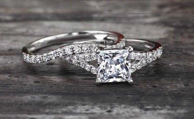 1.5CT PRINCESS MOISSANITE DIAMOND ENGAGEMENT BRIDAL SET