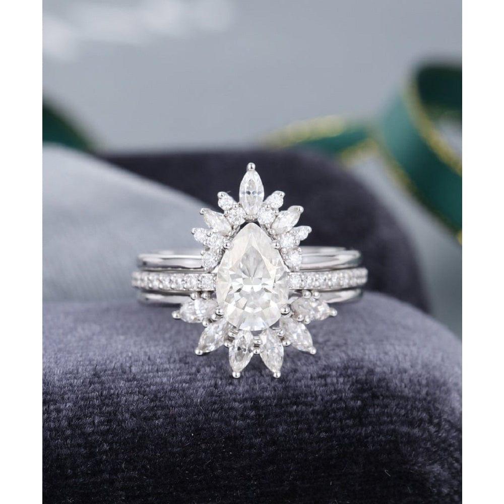 1.70CT PEAR SHAPED WHITE GOLD MARQUISE MOISSANITE ENGAGEMENT WEDDING RING SET