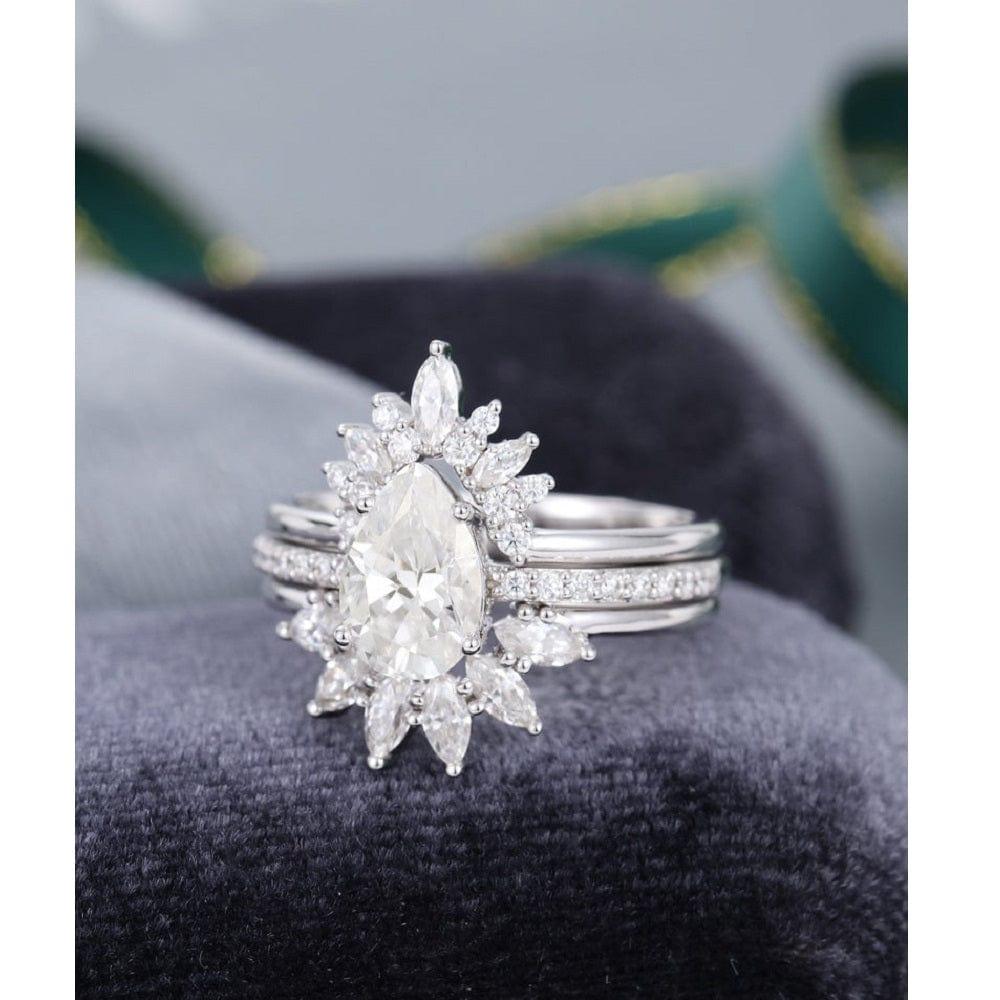 1.70CT PEAR SHAPED WHITE GOLD MARQUISE MOISSANITE ENGAGEMENT WEDDING RING SET