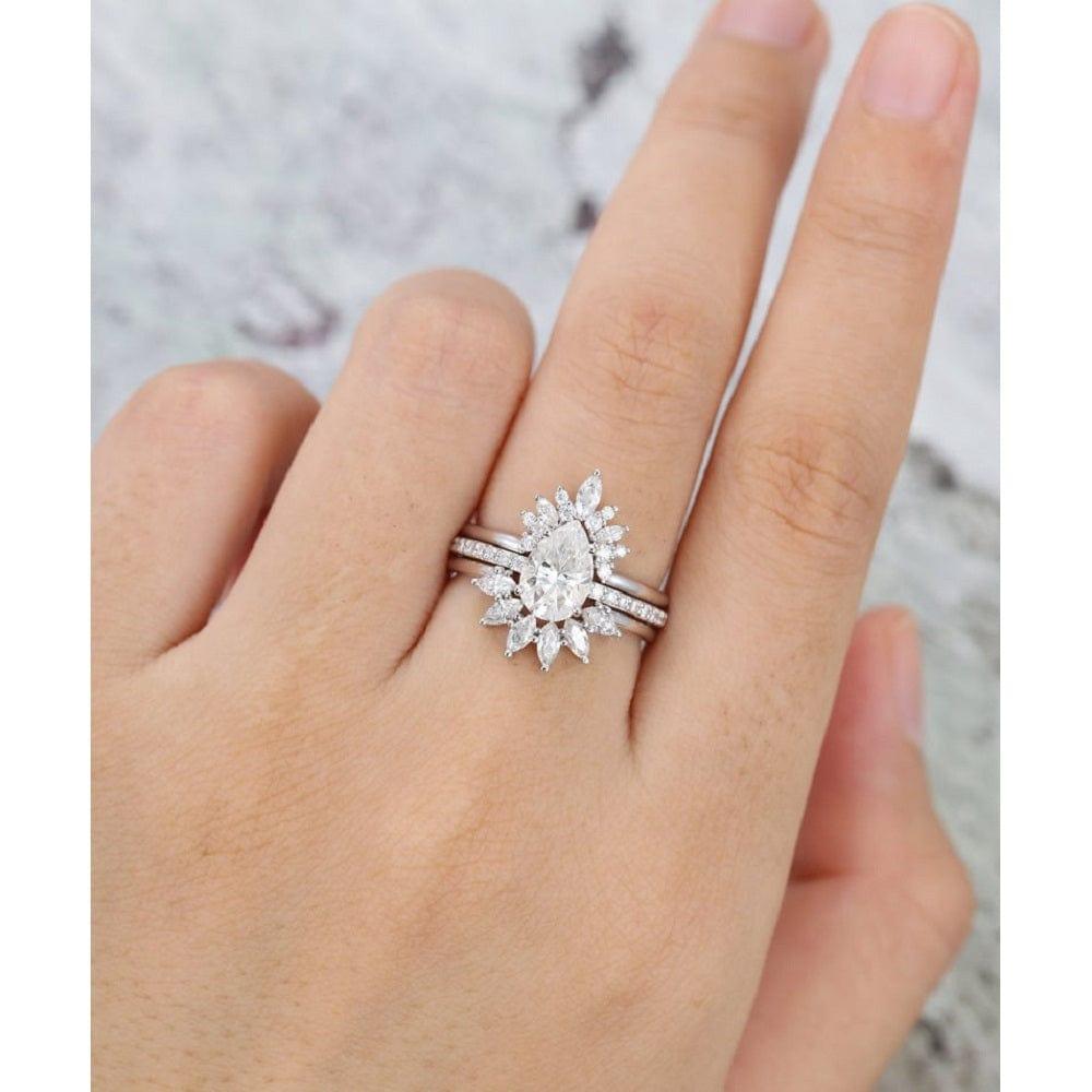 1.70CT PEAR SHAPED WHITE GOLD MARQUISE MOISSANITE ENGAGEMENT WEDDING RING SET