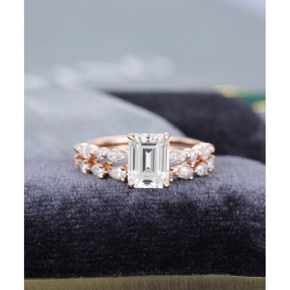 1.75CT EMERALD CUT ROSE GOLD HALF ETERNITY PEAR CUT STACKING MATCHING MOISSANITE ENGAGEMENT RING