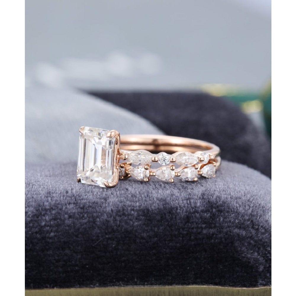 1.75CT EMERALD CUT ROSE GOLD HALF ETERNITY PEAR CUT STACKING MATCHING MOISSANITE ENGAGEMENT RING