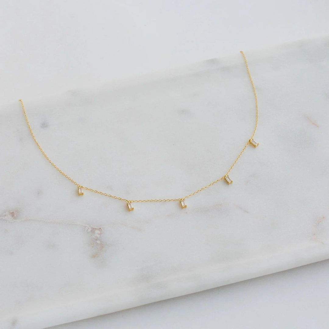 14K GOLD BAGUETTE SHAPED MOISSANITE DIAMOND DANGLING NECKLACE