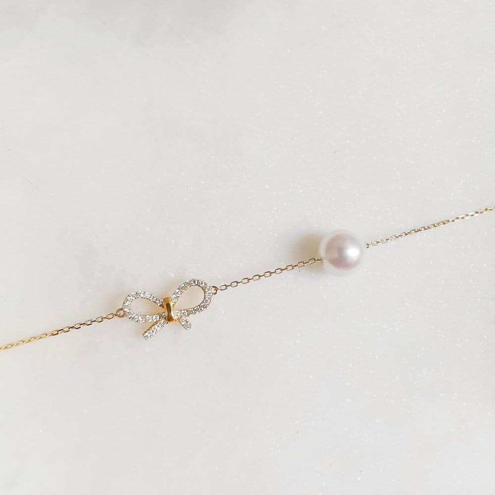 14K GOLD BOW HEART PEARL BRACELET