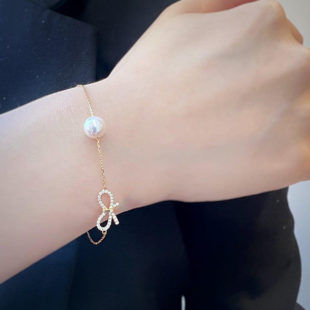 14K GOLD BOW HEART PEARL BRACELET