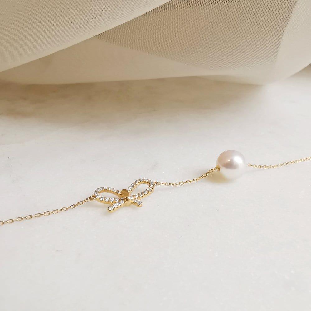 14K GOLD BOW HEART PEARL BRACELET