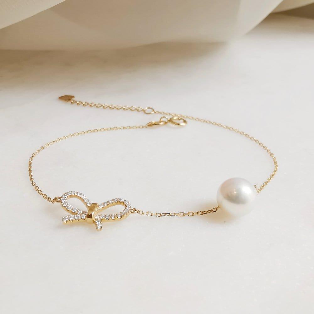 14K GOLD BOW HEART PEARL BRACELET