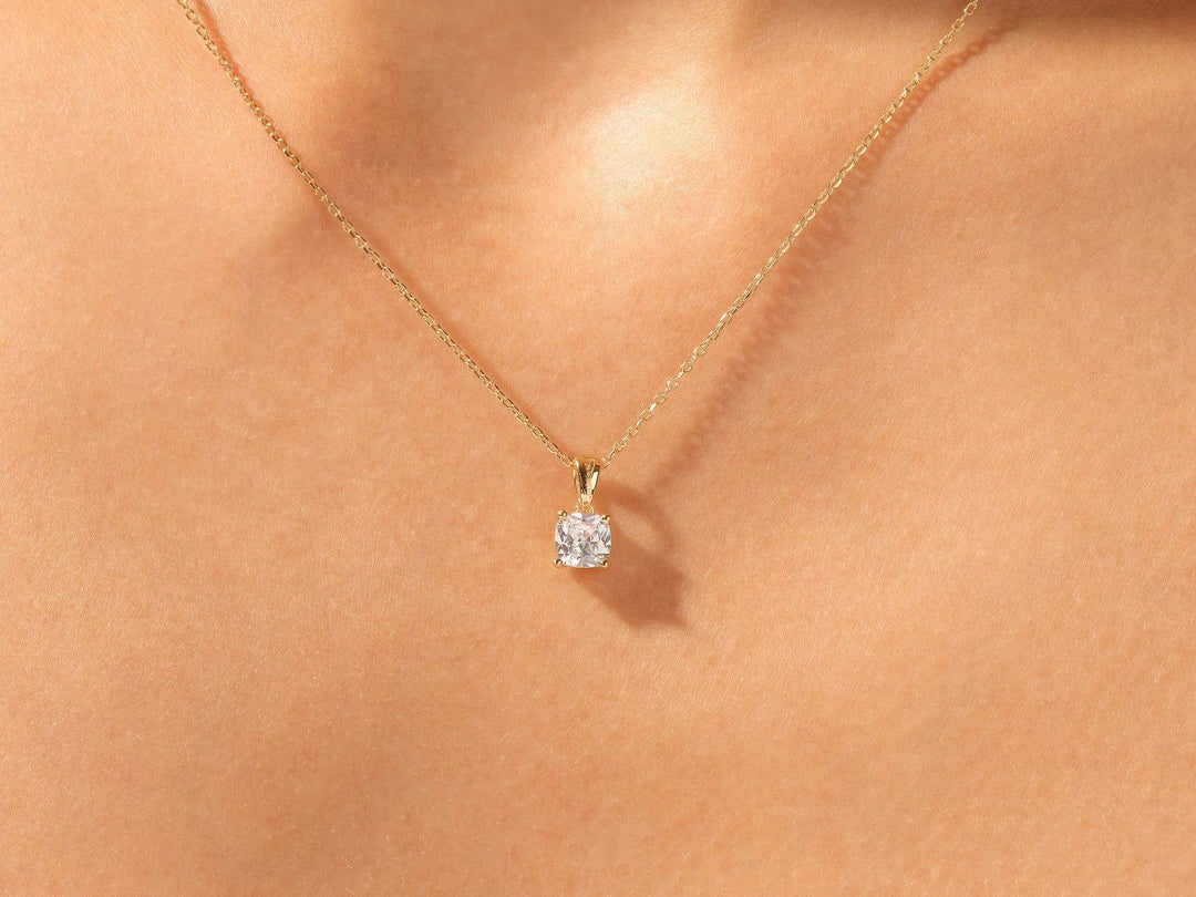 14K GOLD CUSHION SHAPED SOLITAIRE MOISSANITE DIAMOND PENDANT NECKLACE