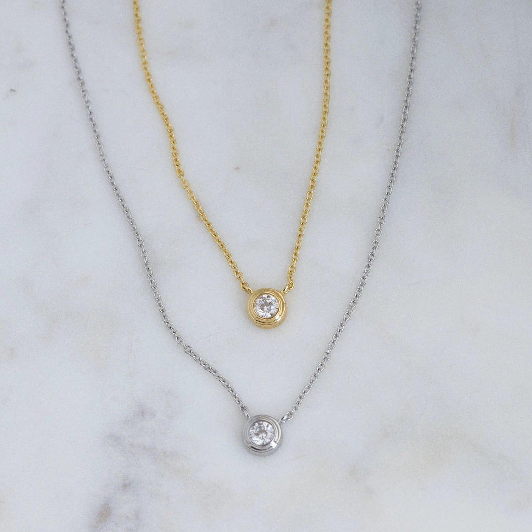 14K GOLD DAINTY BEZEL SET MOISSANITE DIAMOND SOLITAIRE ON BAIL NECKLACE