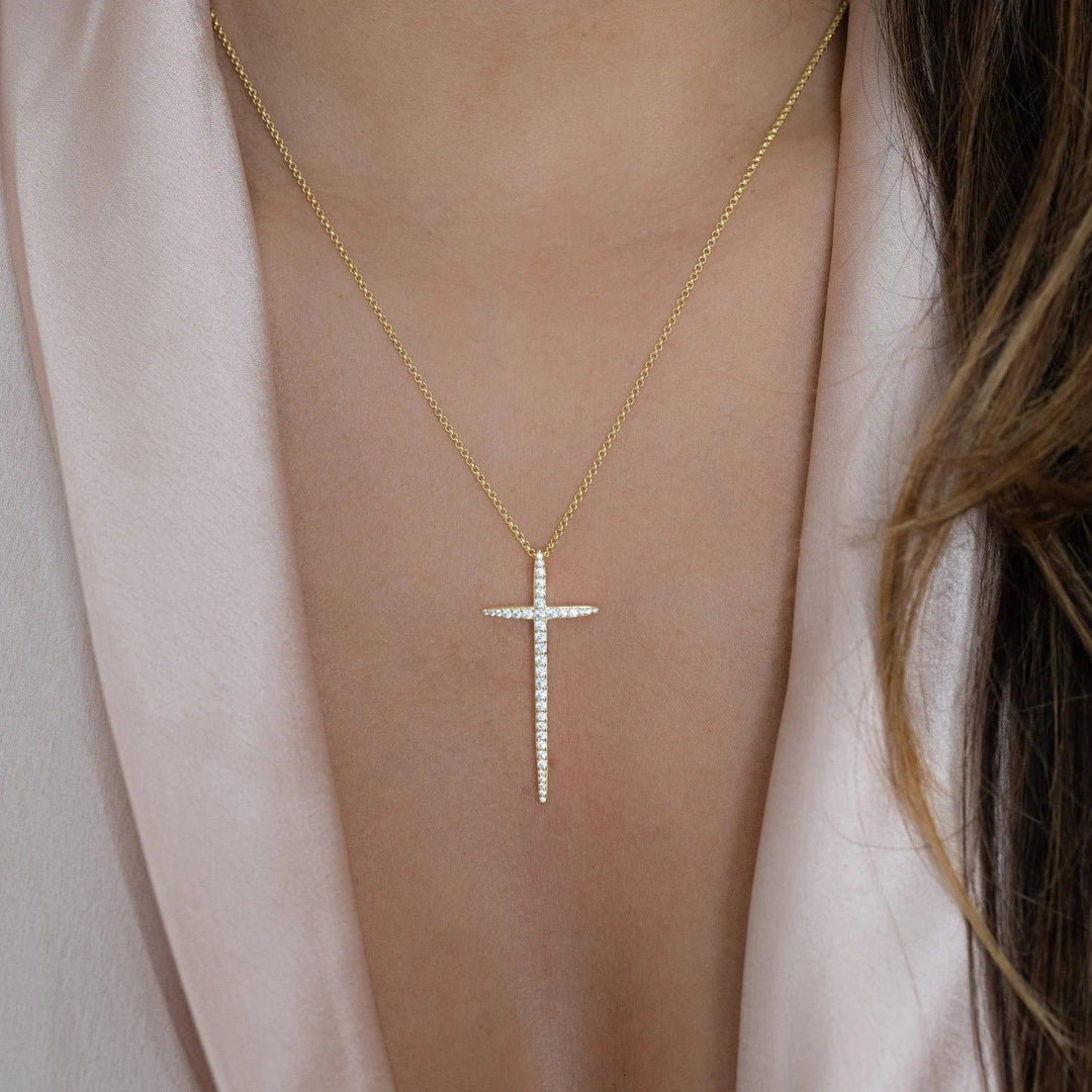 14K GOLD MOISSANITE DIAMOND LONG CROSS PENDANT NECKLACE