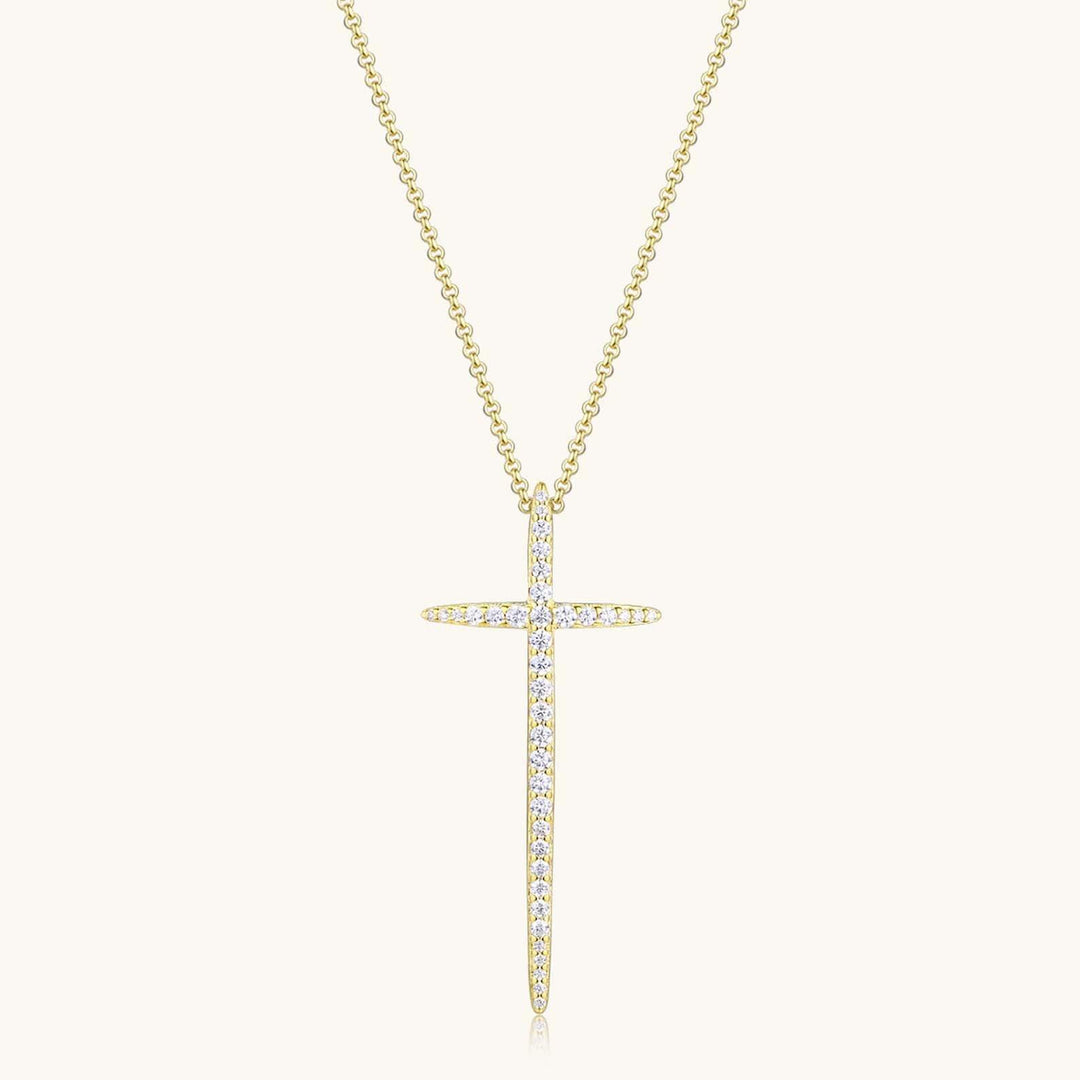 14K GOLD MOISSANITE DIAMOND LONG CROSS PENDANT NECKLACE