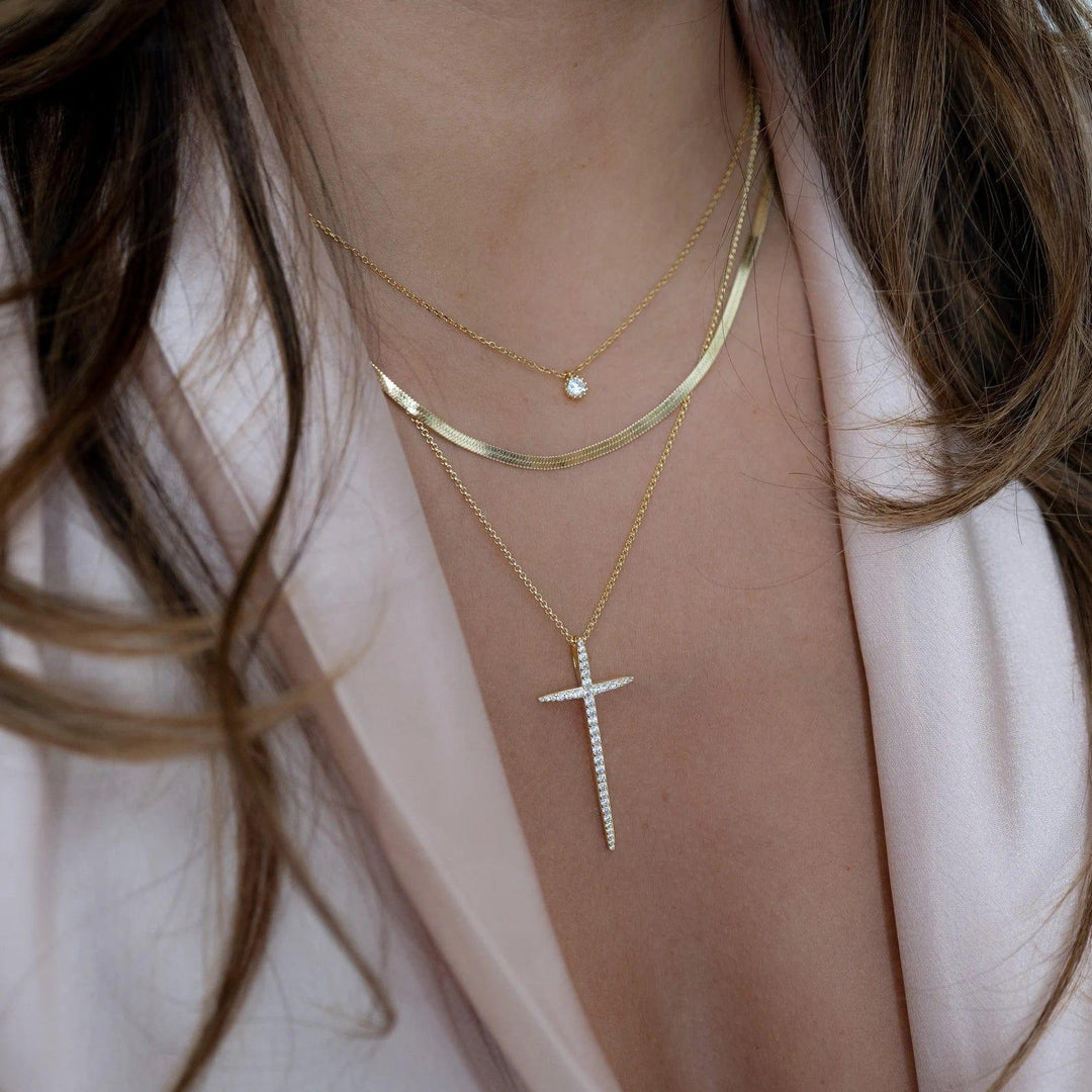 14K GOLD MOISSANITE DIAMOND LONG CROSS PENDANT NECKLACE