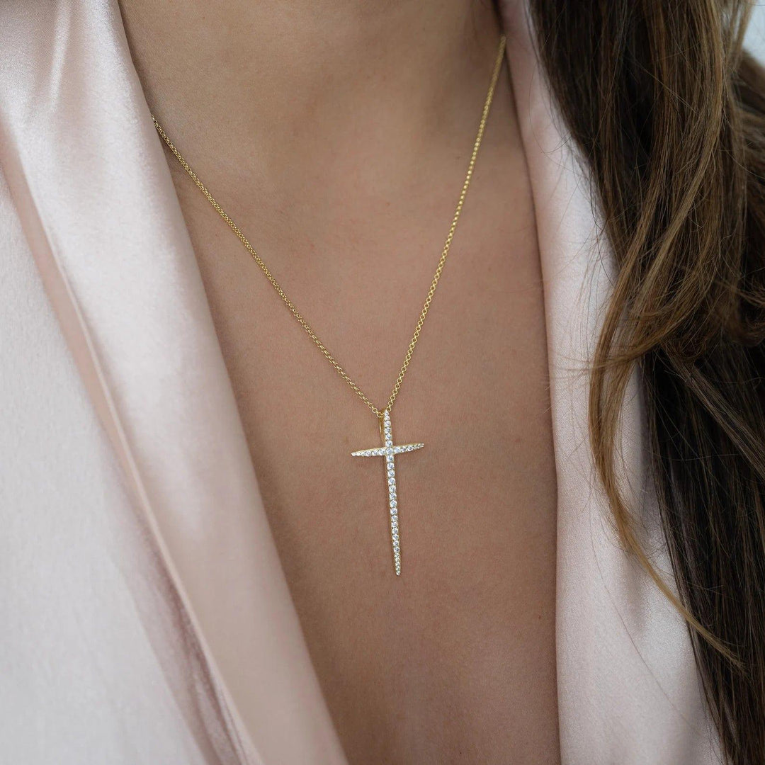 14K GOLD MOISSANITE DIAMOND LONG CROSS PENDANT NECKLACE