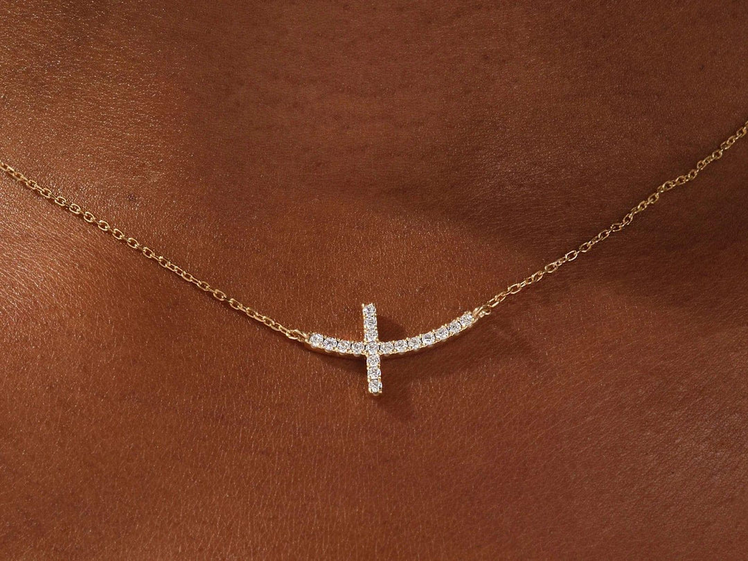 14K GOLD MOISSANITE DIAMONDS SIDEWAYS CROSS NECKLACE