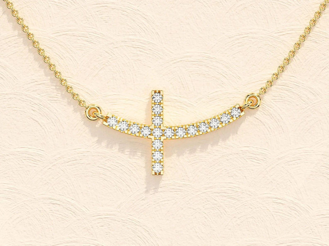 14K GOLD MOISSANITE DIAMONDS SIDEWAYS CROSS NECKLACE