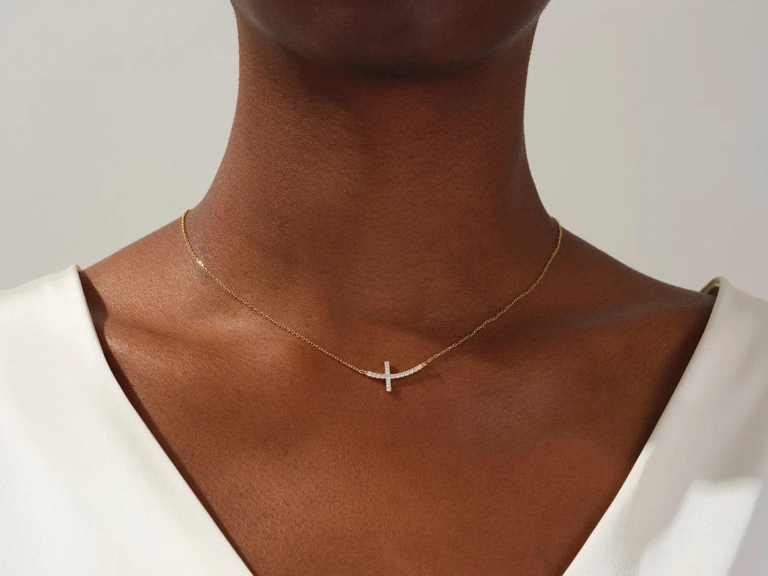 14K GOLD MOISSANITE DIAMONDS SIDEWAYS CROSS NECKLACE