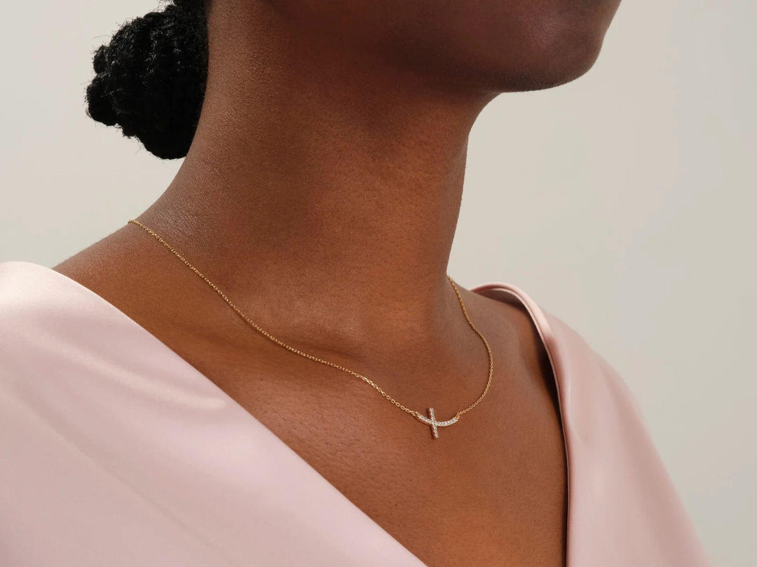 14K GOLD MOISSANITE DIAMONDS SIDEWAYS CROSS NECKLACE