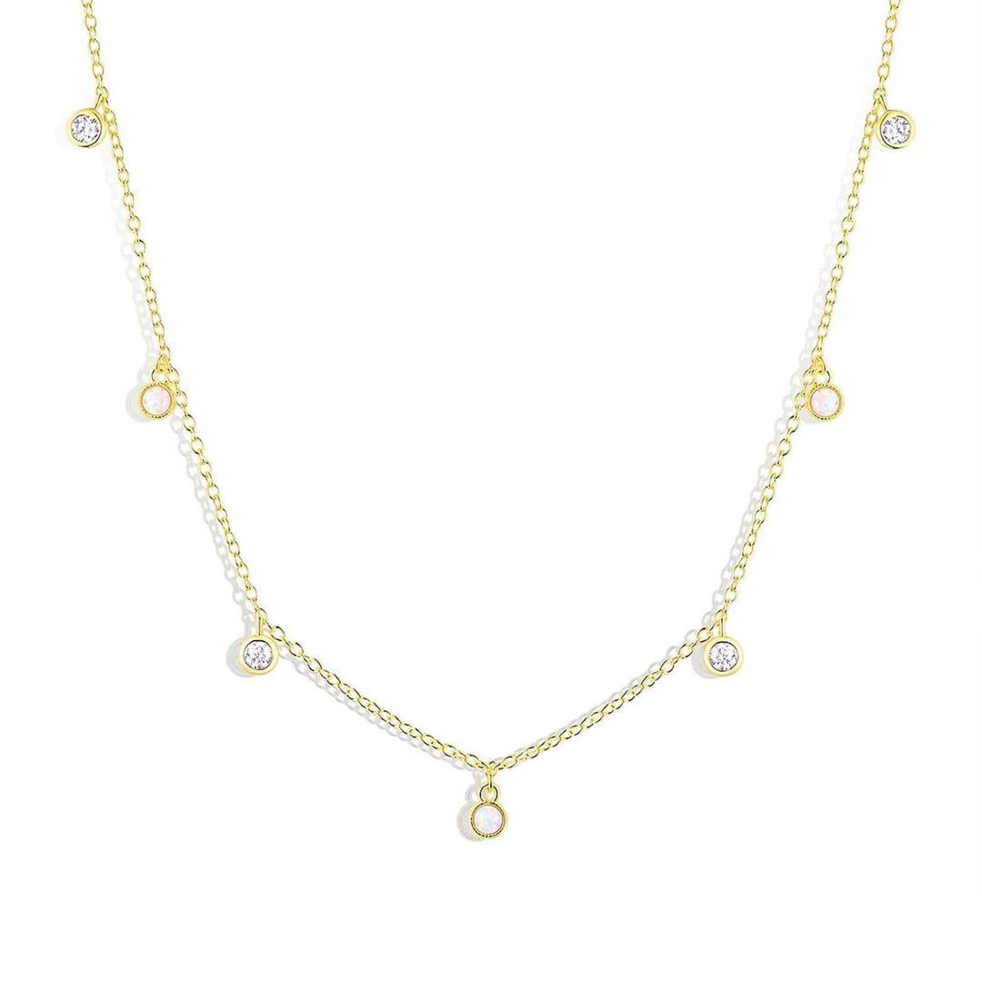 14K GOLD OPAL AND MOISSANITE DIAMOND STATION CHARM NECKLACE