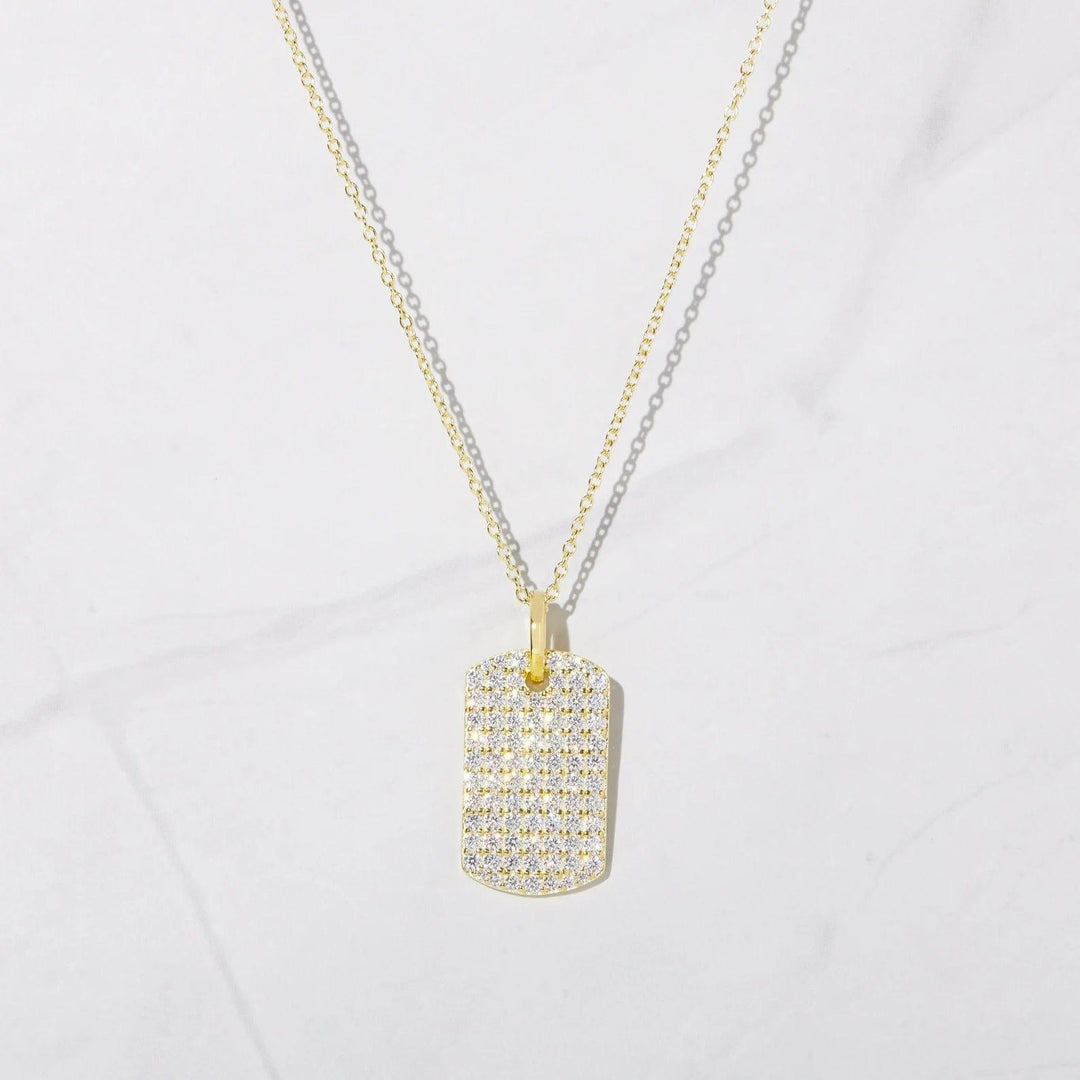 14K GOLD PAVE SET DOG TAG MEDALLION MOISSANITE DIAMOND PENDANT NECKLACE