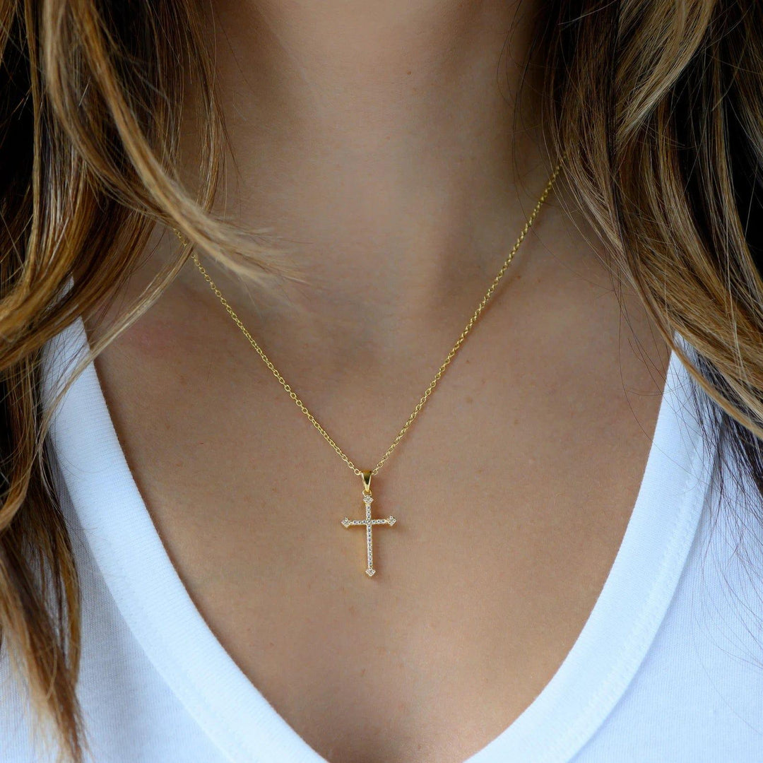 14K GOLD RELIGIOUS CROSS DELICATE MOISSANITE DIAMOND PENDANT NECKLACE