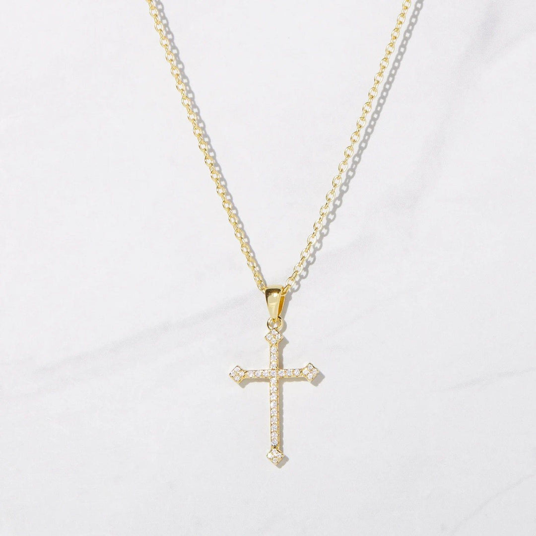 14K GOLD RELIGIOUS CROSS DELICATE MOISSANITE DIAMOND PENDANT NECKLACE